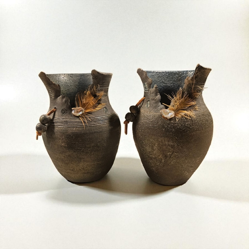Vintage Raku Vases Pair Studio Art Pottery SIGNED - NO DAMAGE! 6.5 In. Tall